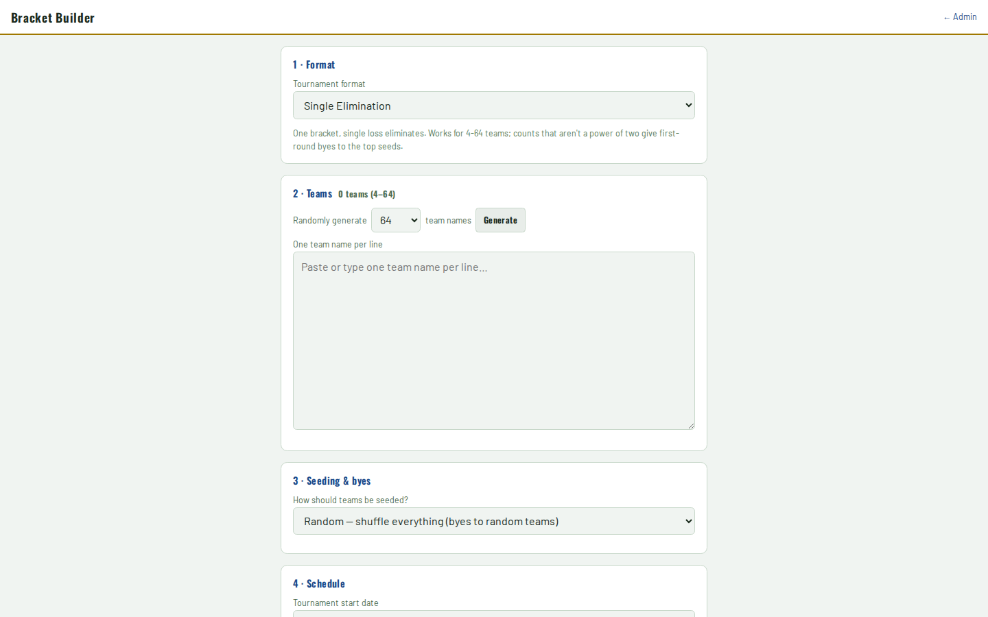 Bracket Builder generating a schedule from a team list