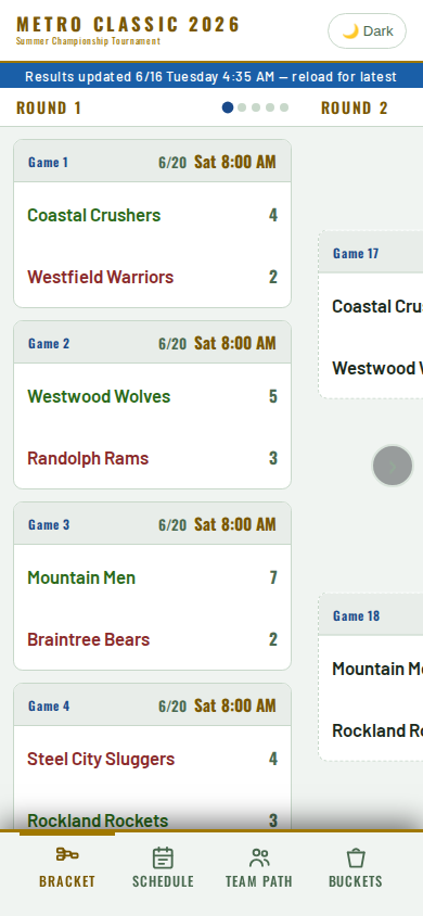 Mobile bracket view showing live tournament games
