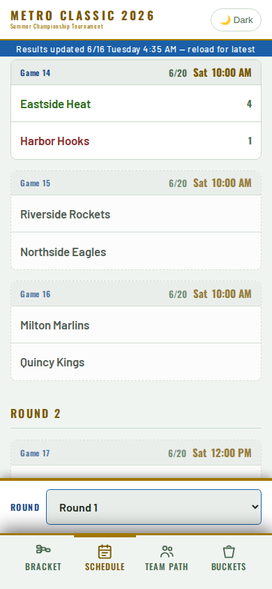 By-round schedule view showing all games by time