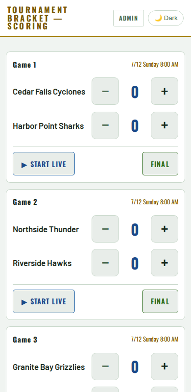 Field-side scorekeeper mode with large tap targets